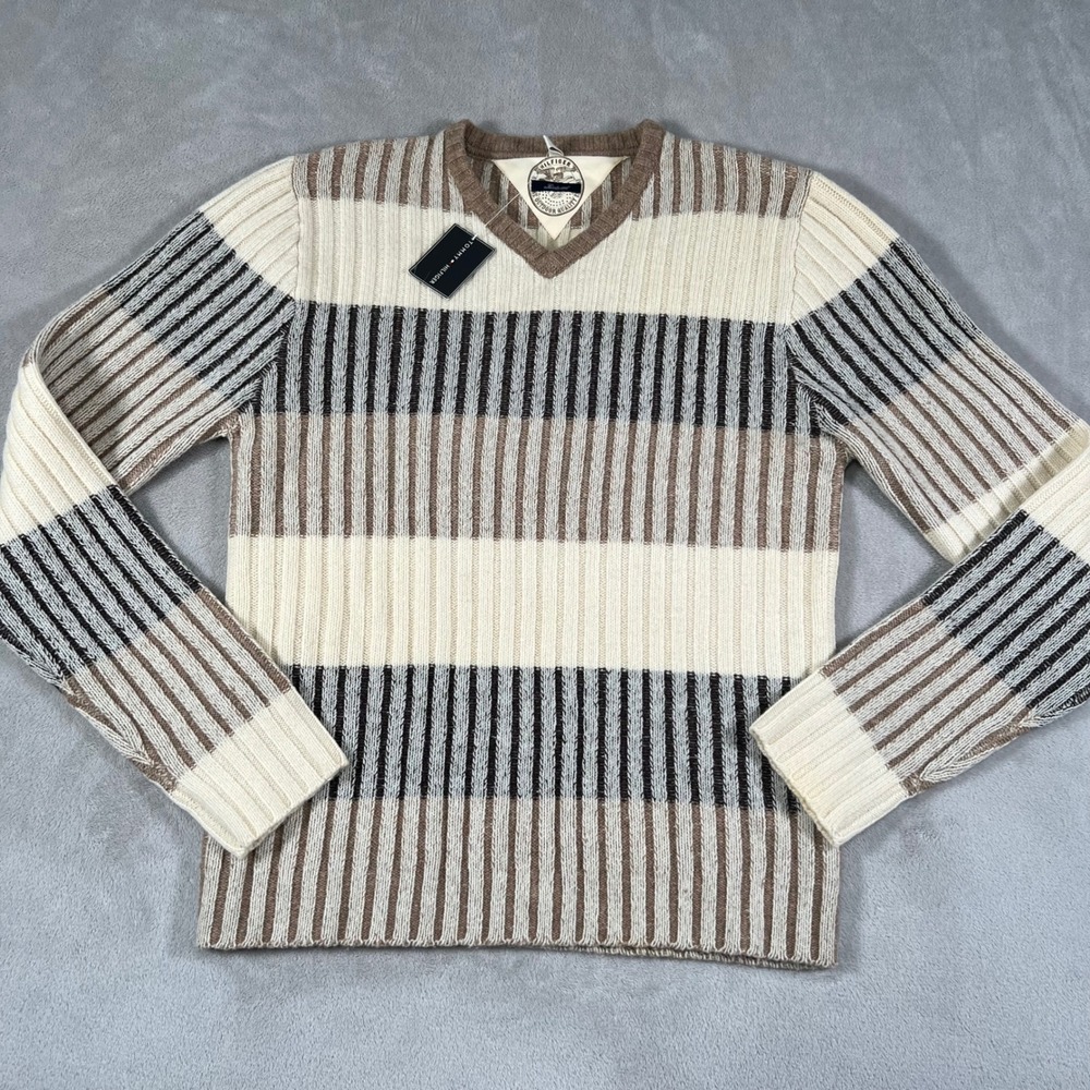 Tommy Hilfiger Sweater Mens Size XL Haywood Lambswool V-Neck Ribbed Striped NWT